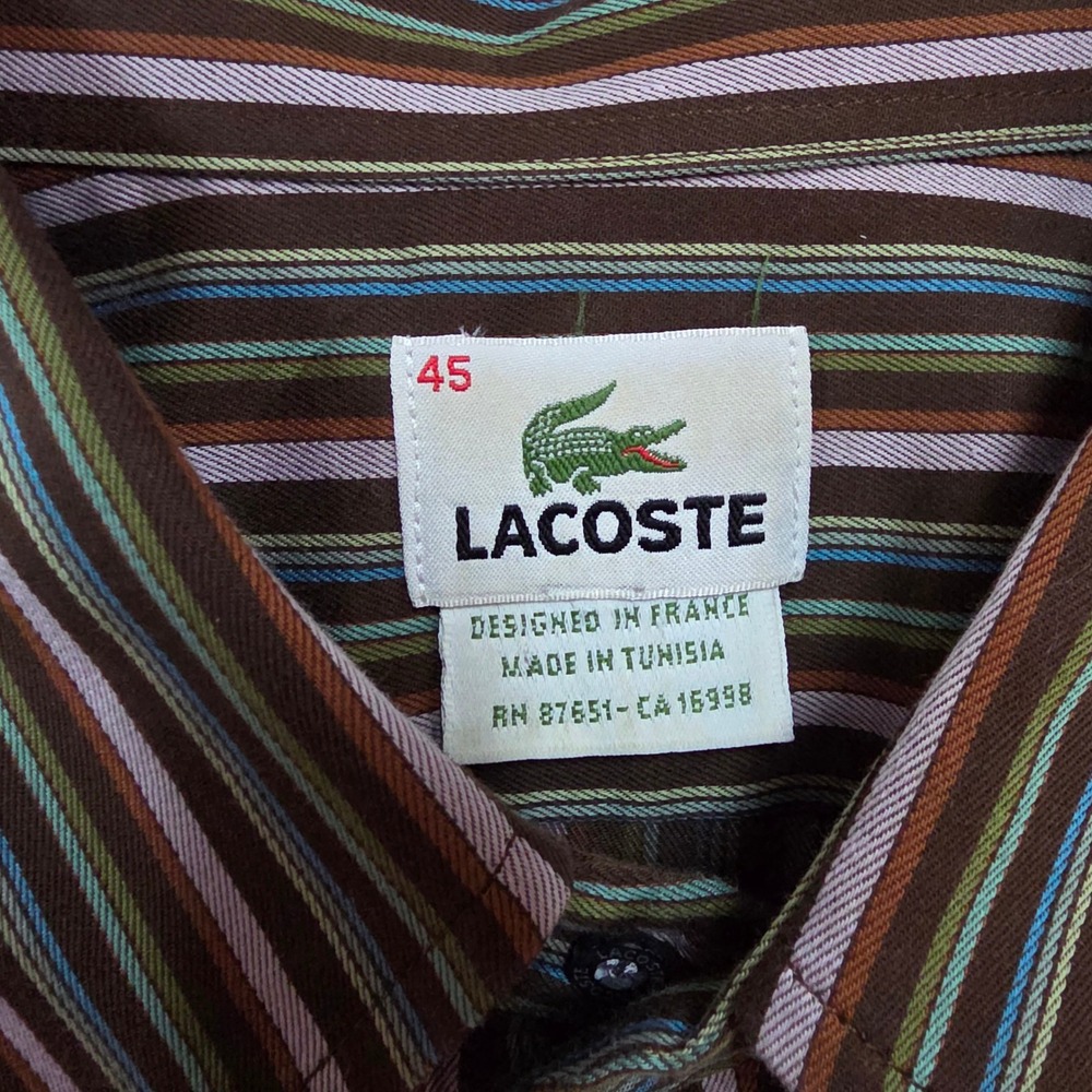 Lacoste Mens Brown Multi Color Striped Long Sleeve Button Down Shirt Size 45 XL - Picture 9 of 10